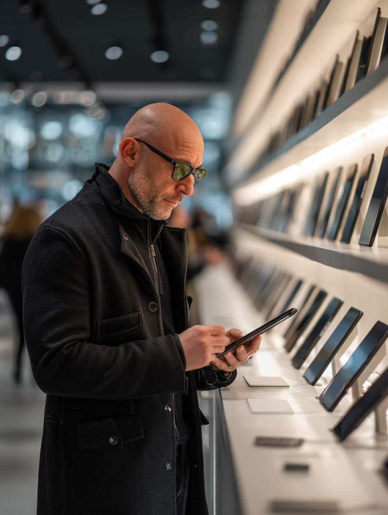 A man in a black jacket in a tech shop considering upgrading his Apple iPad Air