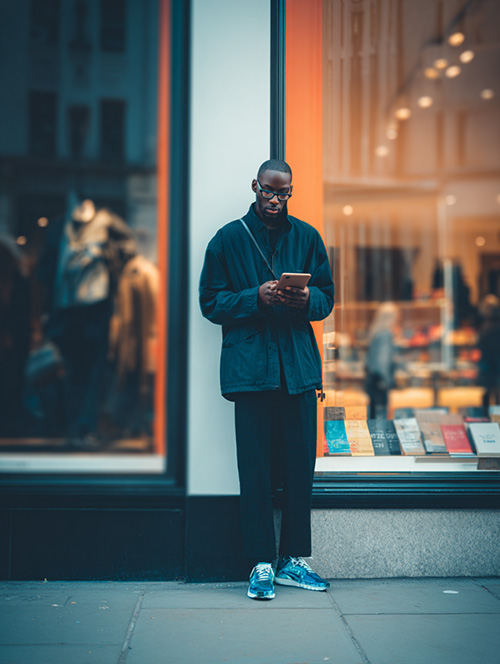 A man leaning against a wall outside a London bookshop using his Apple iPad Mini 5