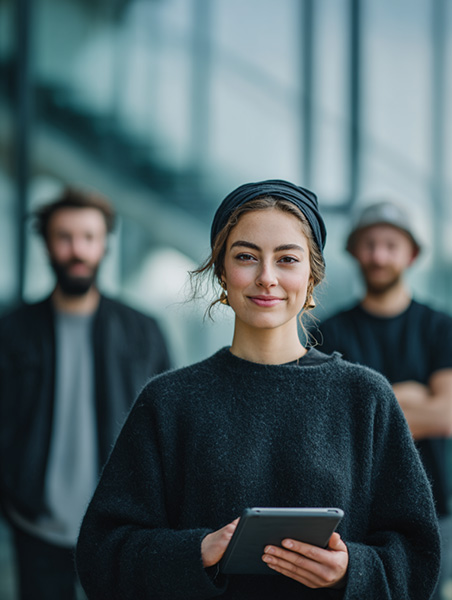 A woman at university with friends, using her iPad mini 7 A17 Pro