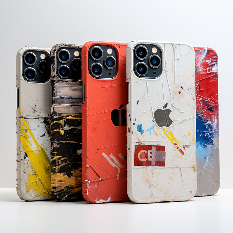 Image of 4 used iphones in deconstructivist iphone cases